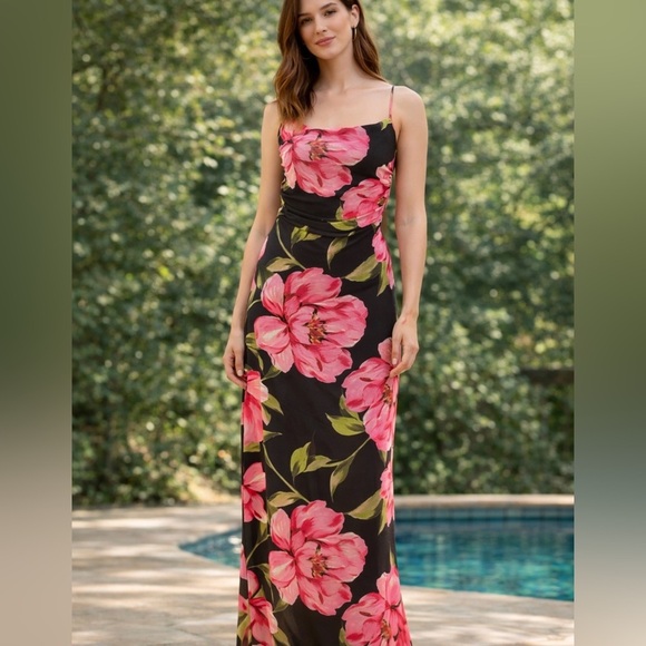 Persaya Dresses & Skirts - Persaya Black and Pink Floral Print Adjustable Strap Mesh Maxi Dress NWT